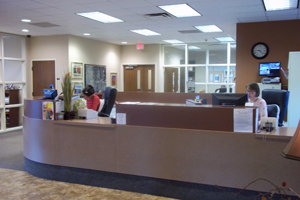 Customer service lobby with workers ready to help